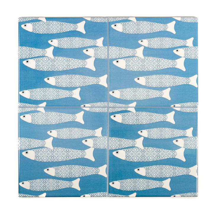 Ocean School tile - Mid-blue -  FIRED INK Version