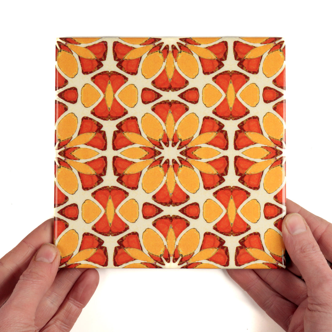 Moroccan Flower Orange Yellow tiles -  FIRED INK Version