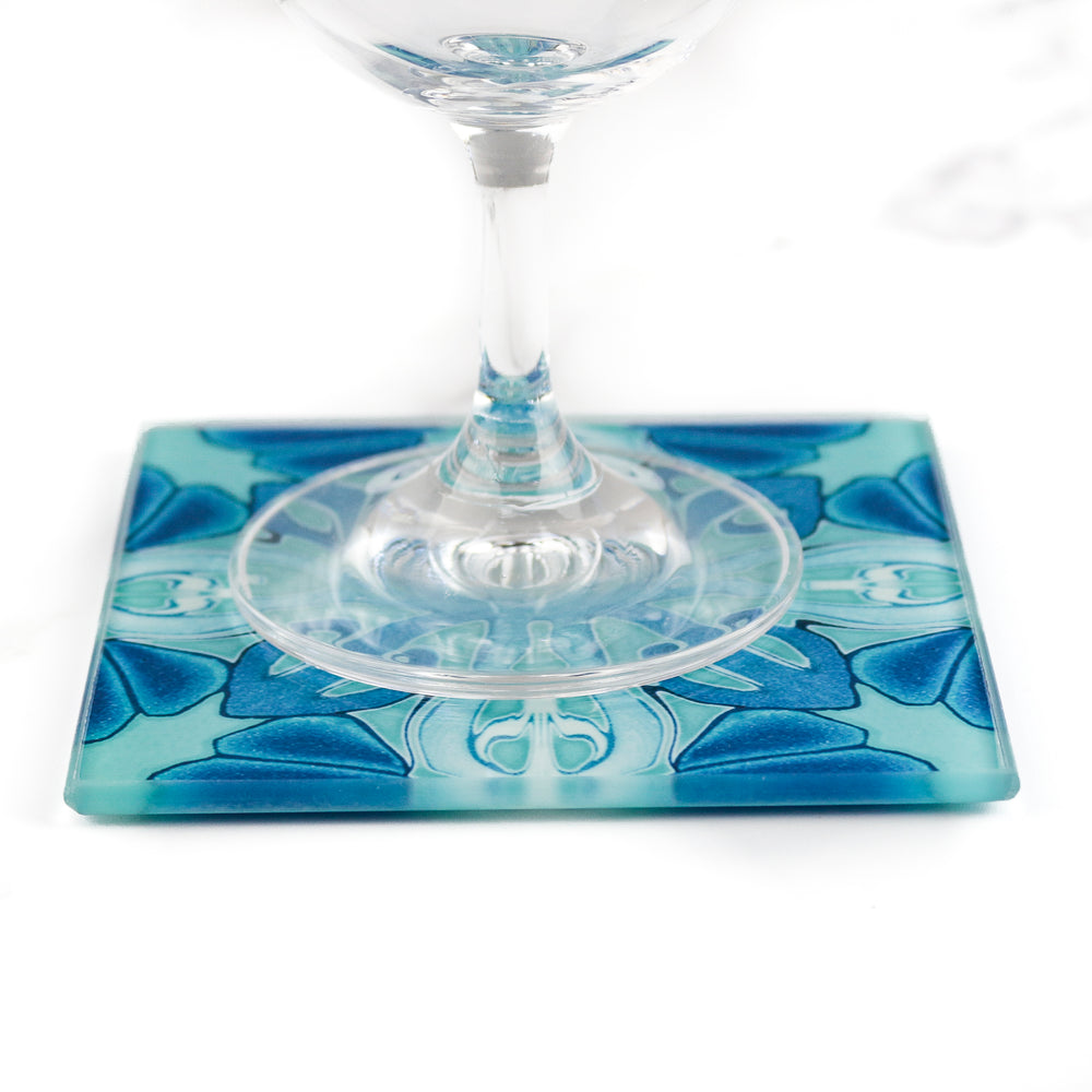 Turquoise Art Deco Glass Coaster Set - Cross Design