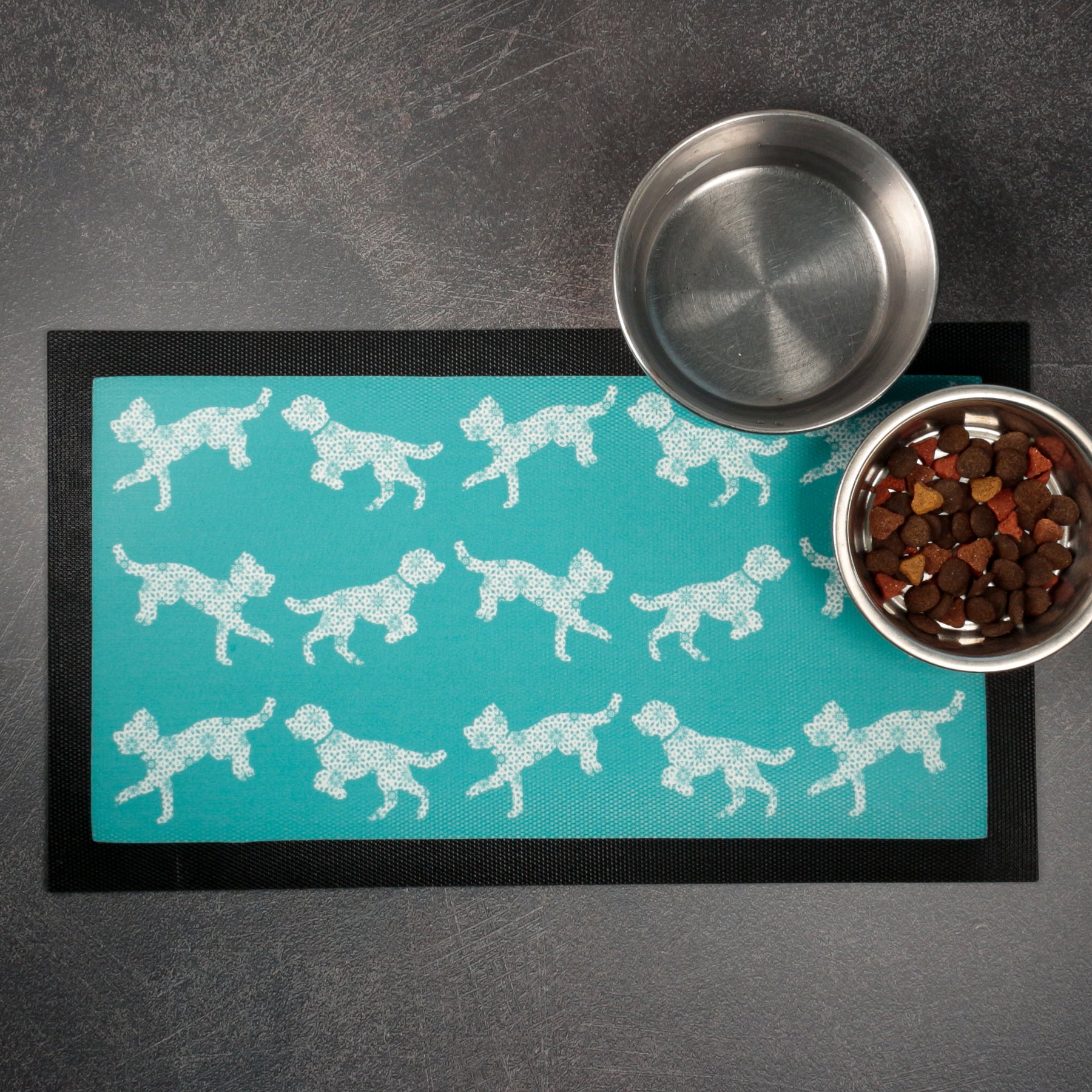 'Bounding Cockapoo' Pet Food Mat - Blue and White – DoodlePippin
