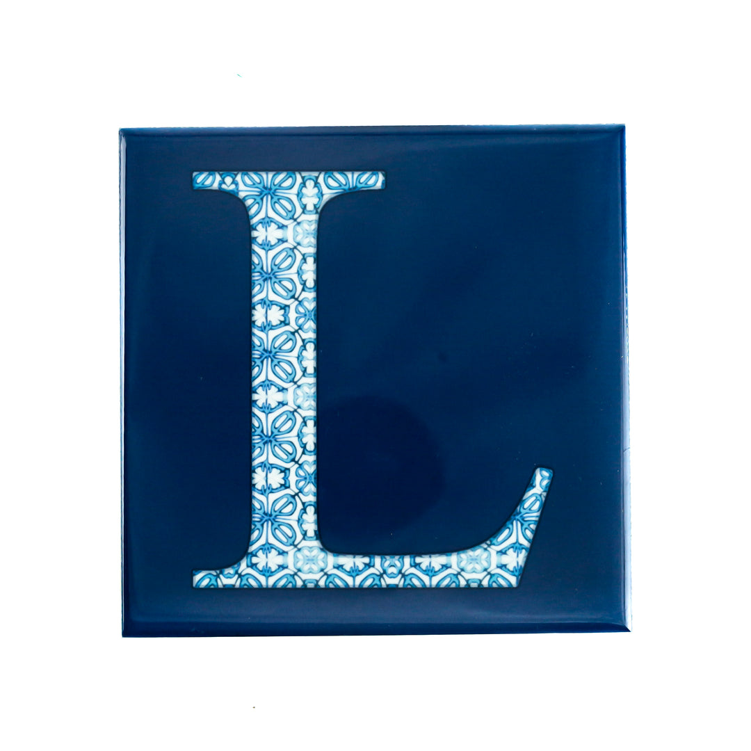 Fired Ink Ceramic Tile - Alphabet tile - Blue Turkish Flower
