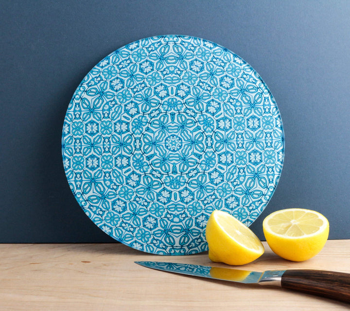 Small round chopping board, Turkish turquoise flower pattern, heatproof worktop protector, Gin and Tonic chopping board, glass pan stand