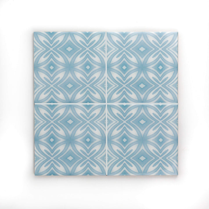 Pale blue and grey hand printed ceramic tiles
