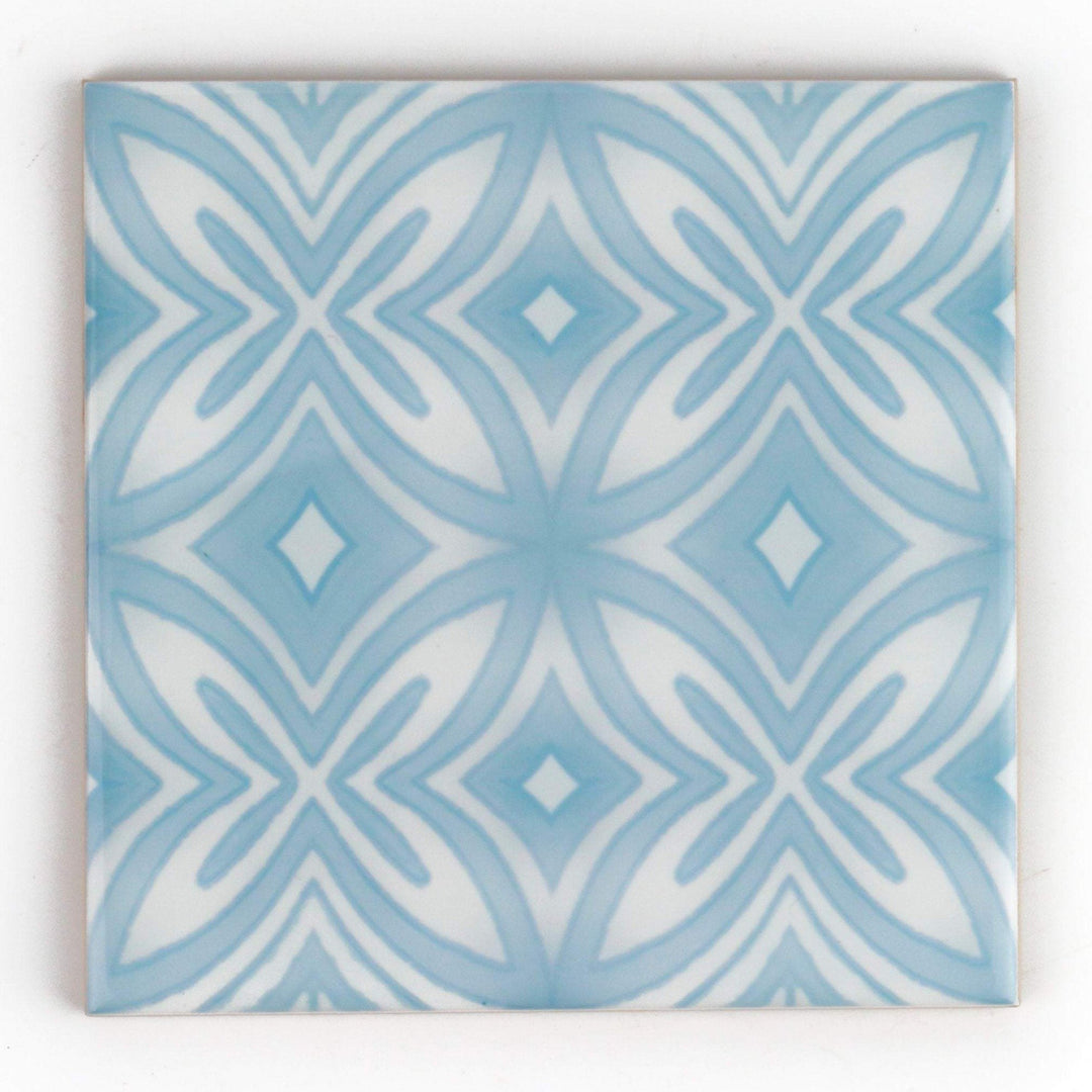 Pale blue and grey hand printed ceramic tiles