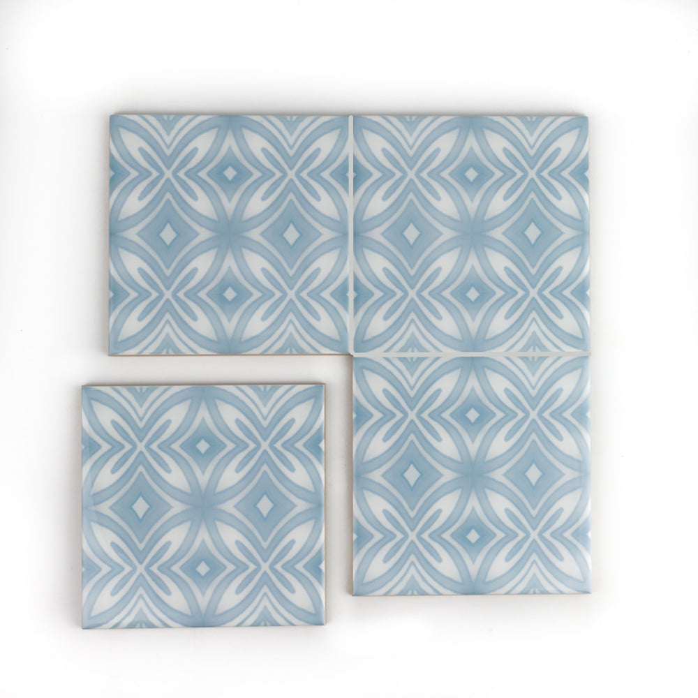 Pale blue and grey hand printed ceramic tiles