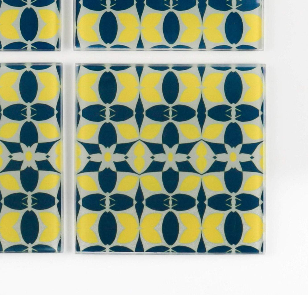 Zingy Yellow Navy Glass Coaster Set