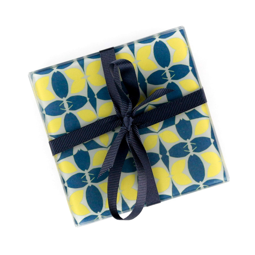 Zingy Yellow Navy Glass Coaster Set