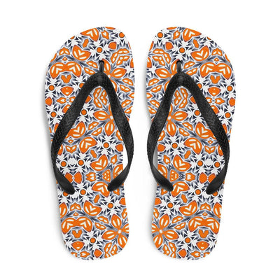 Orange Grey Flower Flip-Flops, bright cheerful beach sandals, designer floral print, waterproof beach shoes, pretty flip flops, girls sandal - DoodlePippin