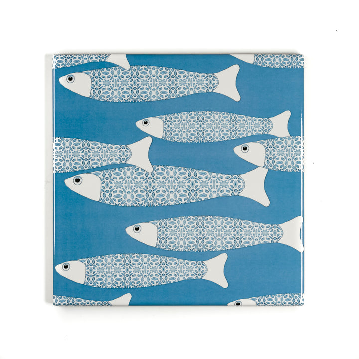 Ocean School tile - Mid-blue -  FIRED INK Version