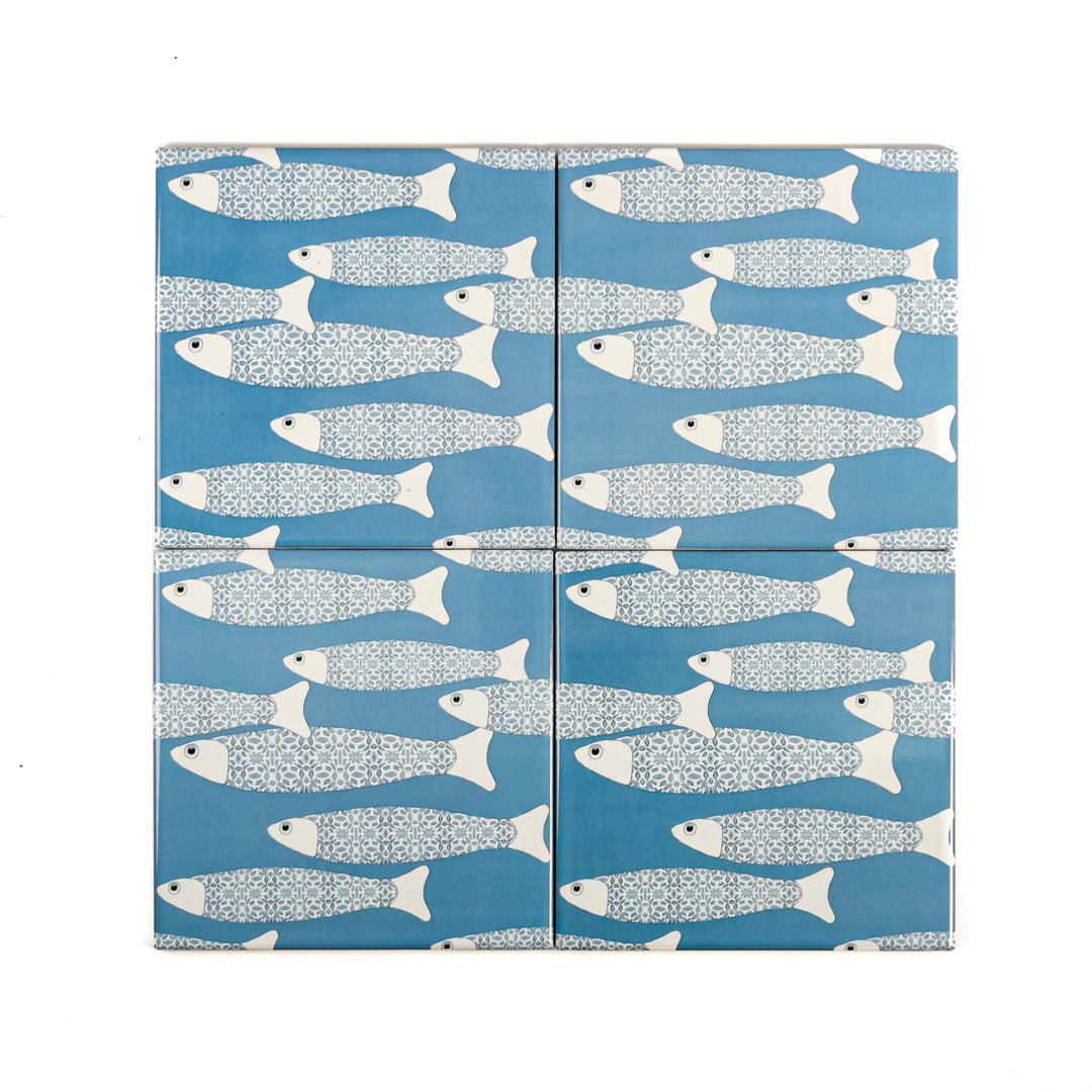 Ocean School tile - Mid-blue -  FIRED INK Version