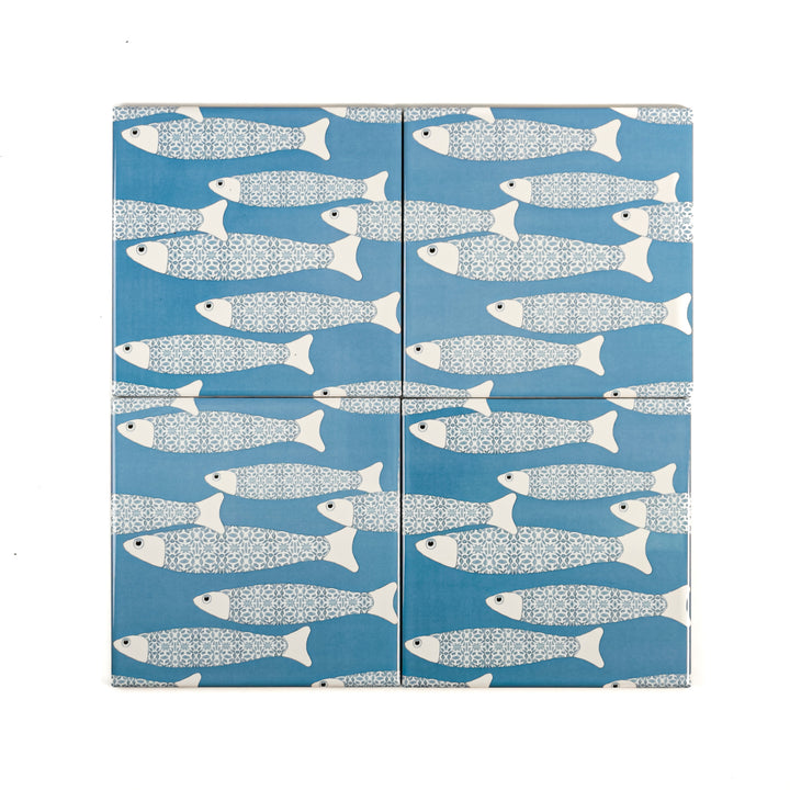 Ocean School tile - Mid-blue -  FIRED INK Version