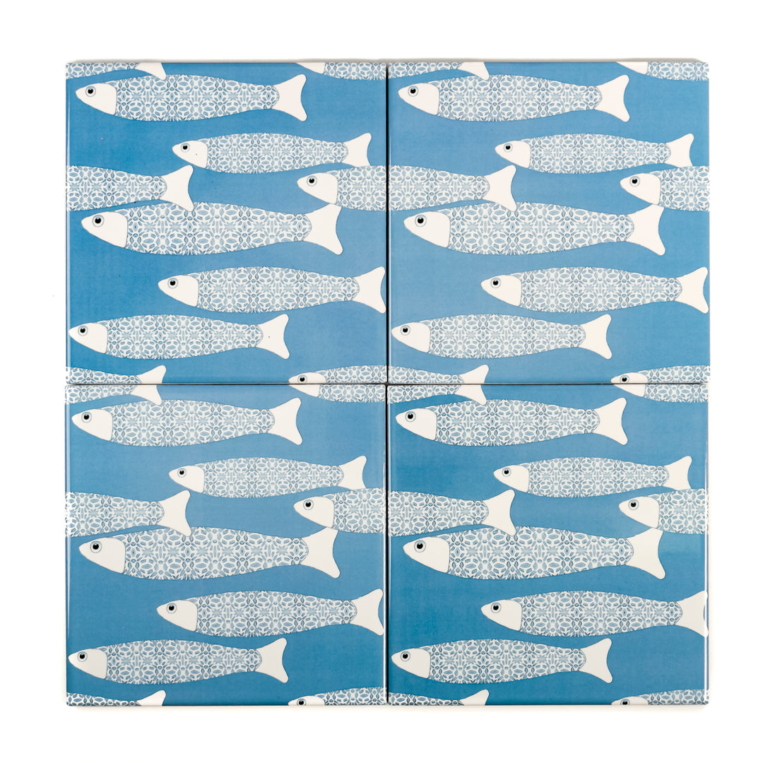 Ocean School tile - Mid-blue -  FIRED INK Version