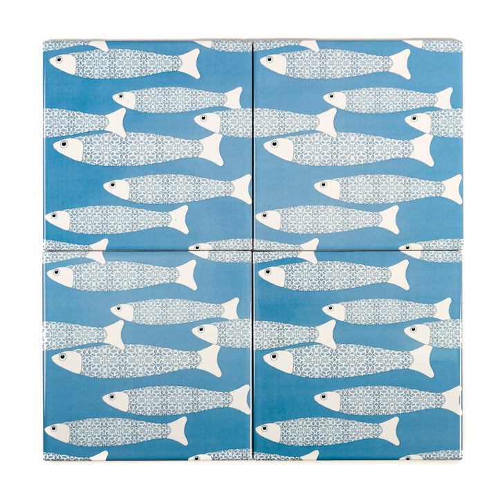 Ocean School tile - Mid-blue -  FIRED INK Version