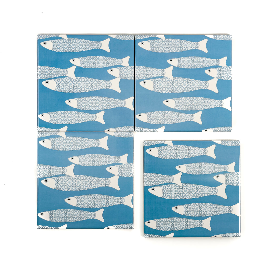 Ocean School tile - Mid-blue -  FIRED INK Version