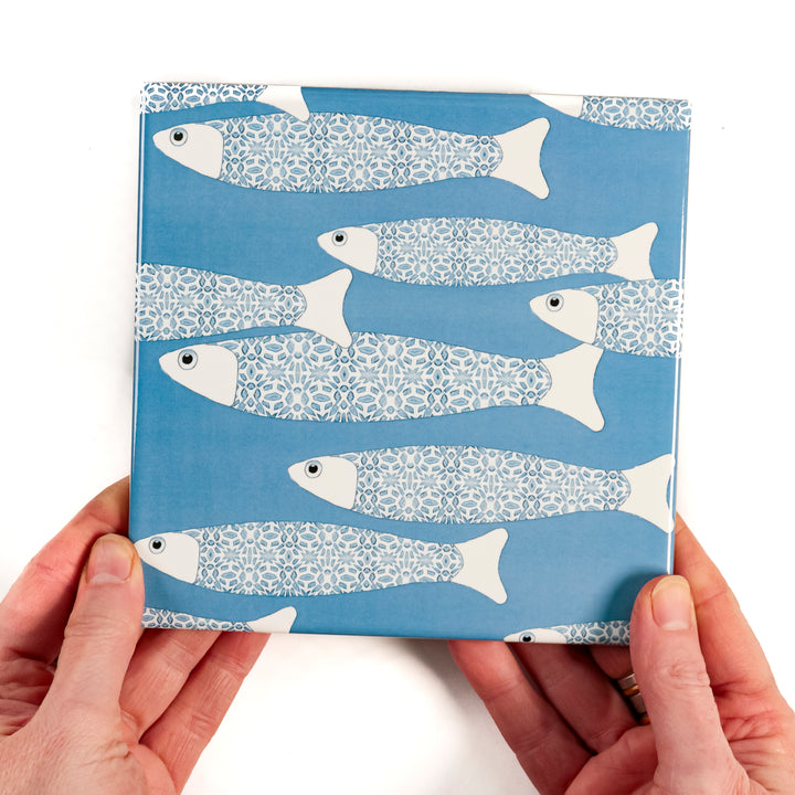 Ocean School tile - Mid-blue -  FIRED INK Version