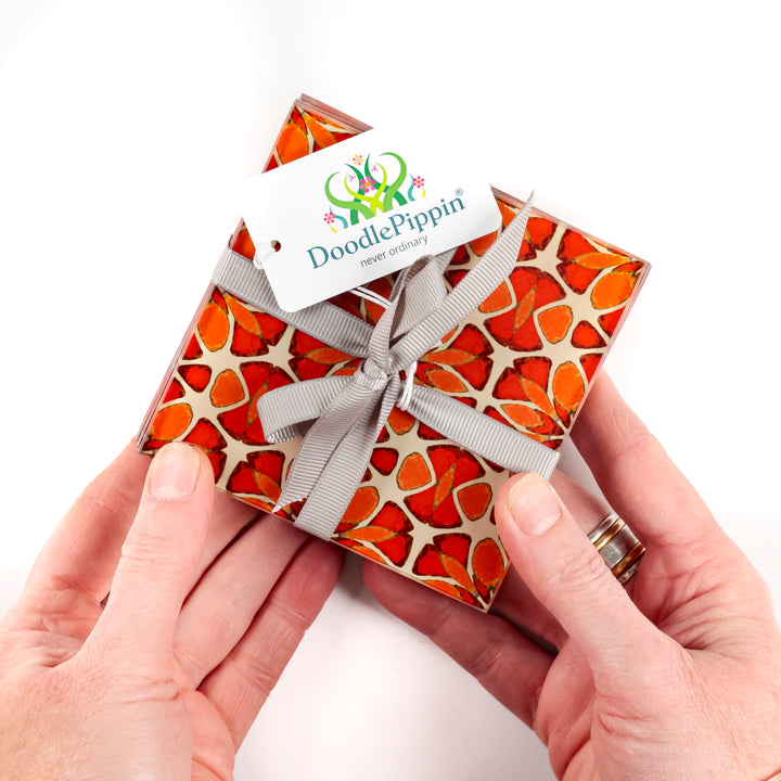 Moroccan Flower Coasters - Pink Apricot Orange - Square Glass Coaster Set