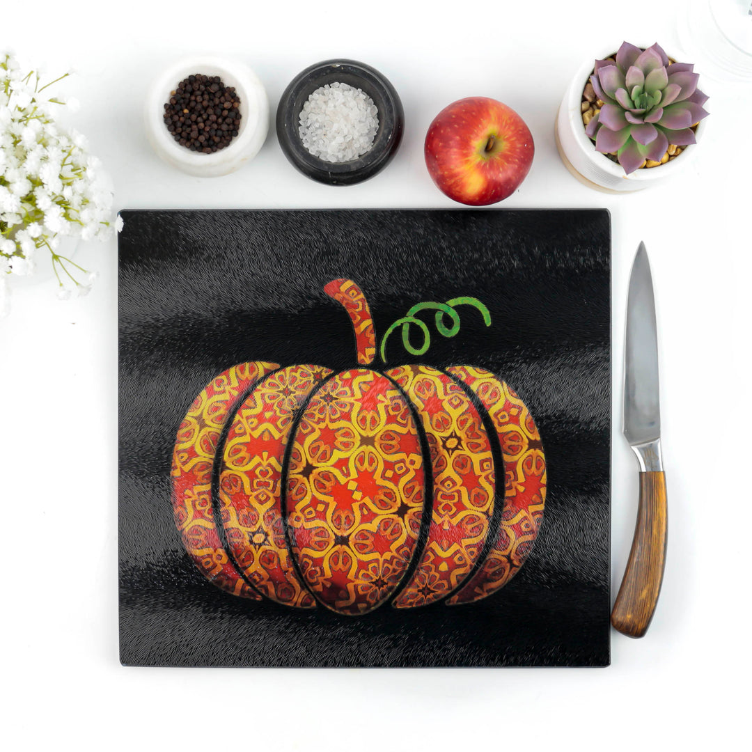 SALE - Red Gold Autumn Pumpkin Square Chopping Board (textured surface)